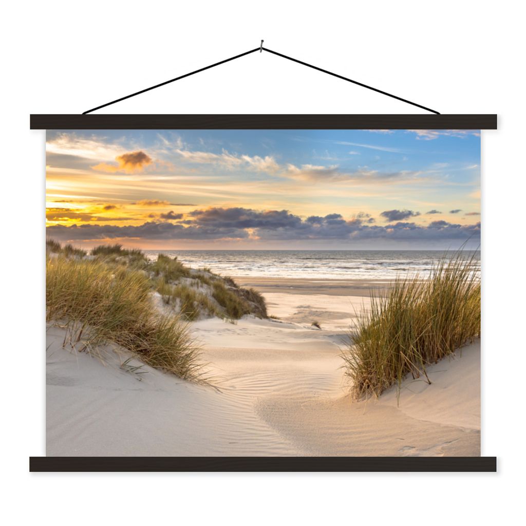 MuchoWow Textilposter Strand - Düne - Gras - Sonnenuntergang - Meer 60x45 cm mit schwarzem Rahmen - Poster Schlafzimmer