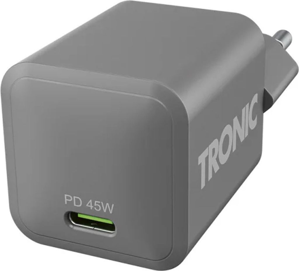 A gray TRONIC 45W USB-C PD fast charger is shown against a white background.