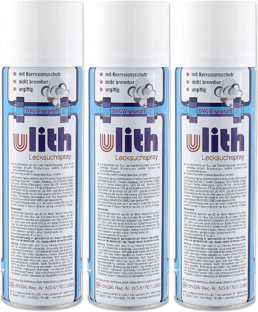 ARLI Set: 3x ulith Lecksuchspray 400ml – DVGW-es Leckfinder Spray für Gas- und Druckluftleitungen