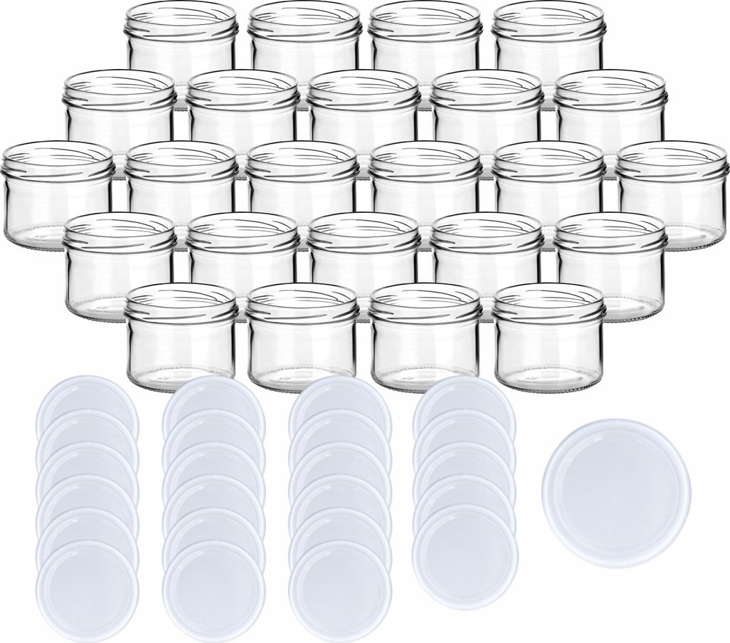 gouveo 24er Set Einmachgläser 230 ml rund mit Schraub-Deckel weiss - Vorratsgläser mit Drehverschluss TO82 - Marmeladenglas, Schraubglas