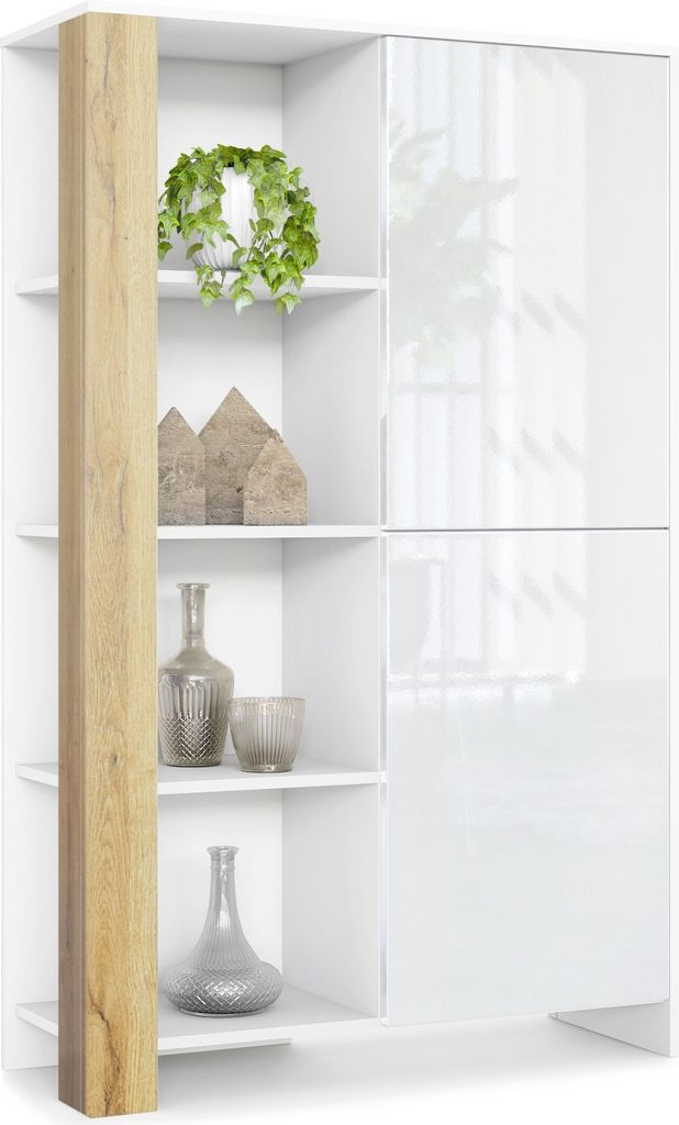 Vladon Highboard Canto, Germany, hoher Schrank mit 2 Türen und 8 Fächern, Korpus Weiß matt, Fronten Weiß Hochglanz, Nachbildung-Paneele Eiche N...