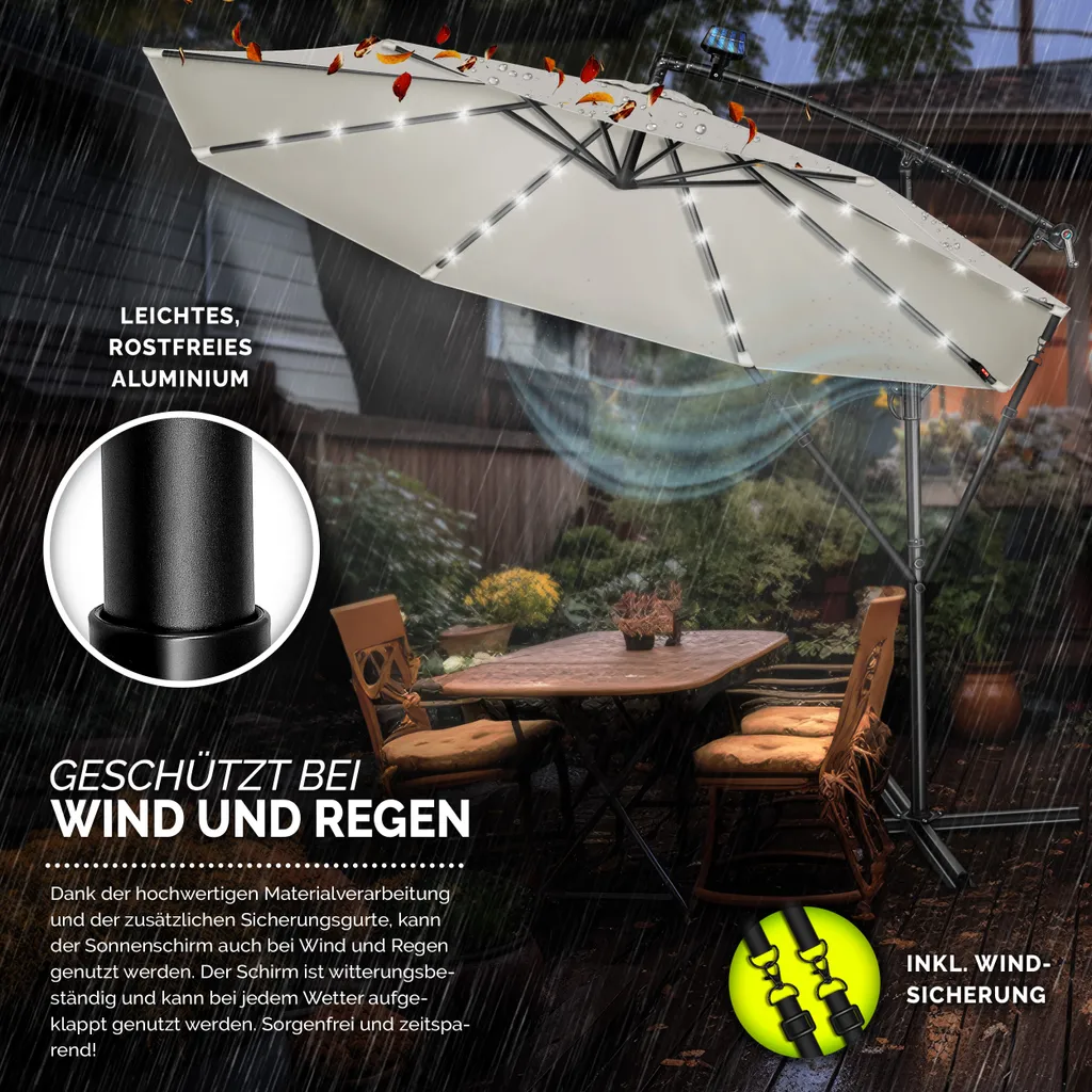 tillvex ombrellone a sbalzo in alluminio Beige LED Solar Ø 350 cm con manovella | ombrellone con interruttore on/off | ombrellone da giardino protezione UV alluminio | ombrellone a manovella con supporto ombrellone da mercato impermeabile - 4