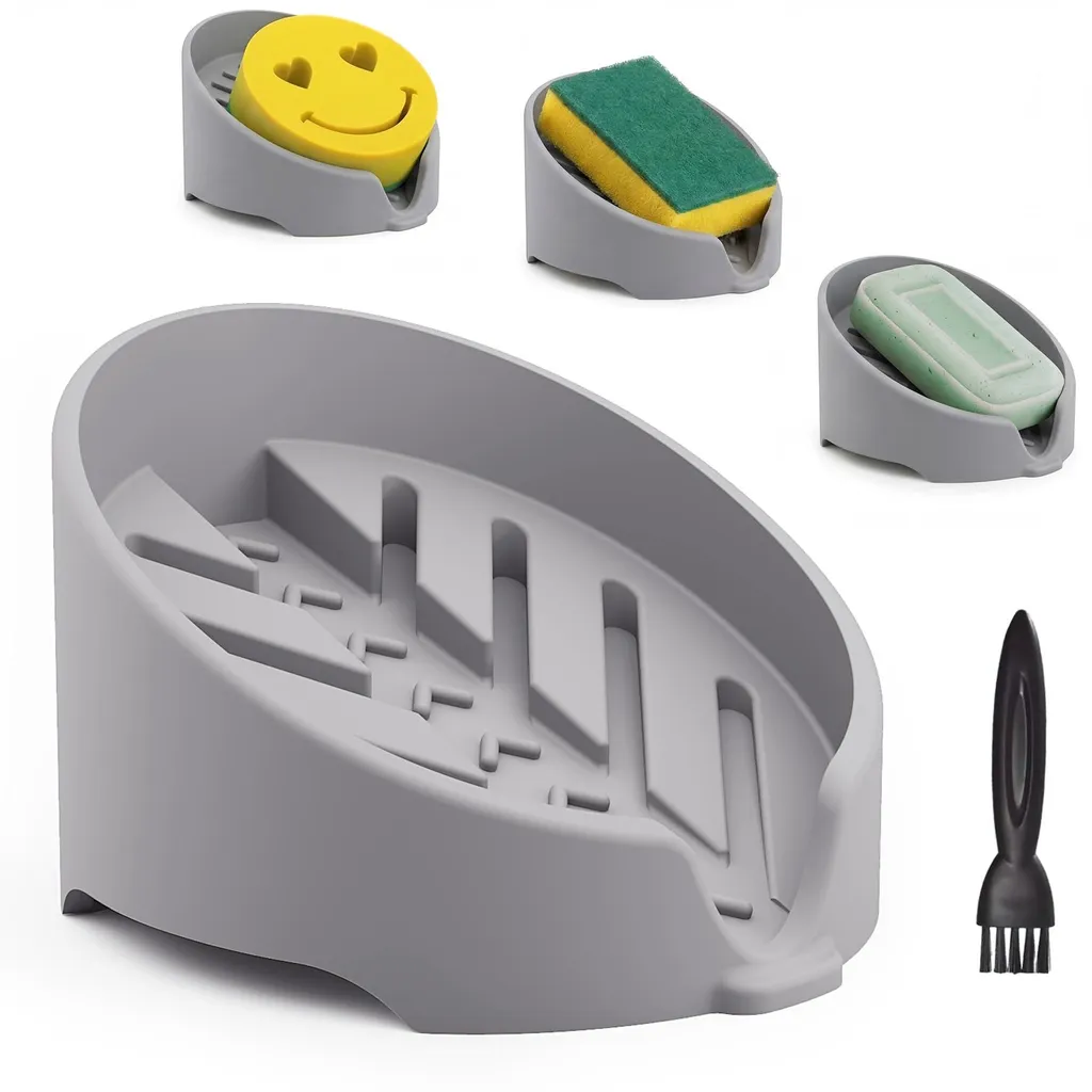 Porte-éponge silicone gris avec drainage pour évier de cuisine et douche