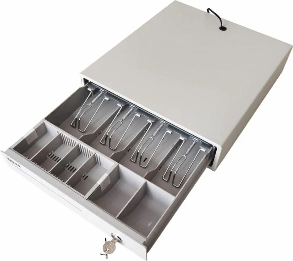 Tiroir-caisse automatique blanc 42cm avec 5 compartiments à billets