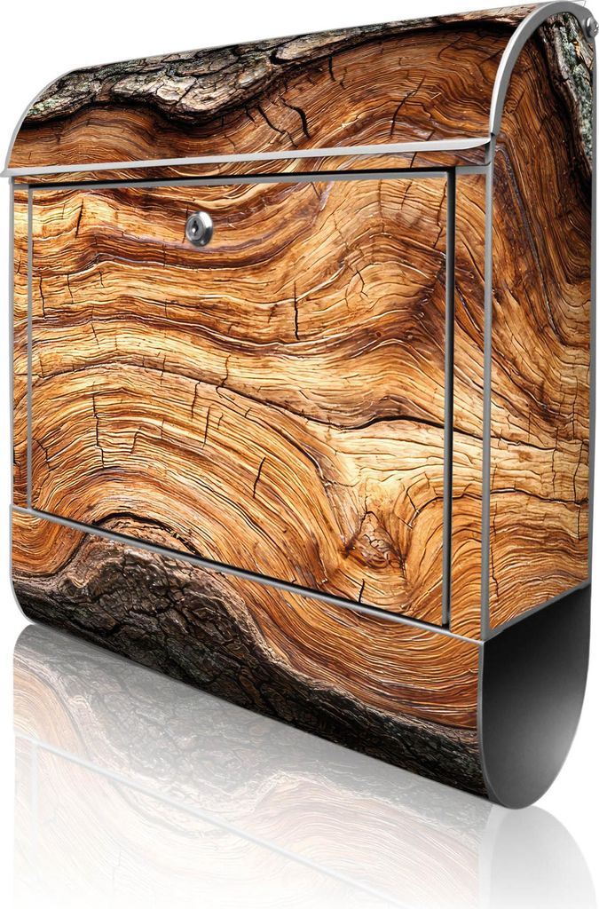 banjado Design Briefkasten Stahl silber mit Zeitungsfach pulverbeschichtet "Holz Gemasert mit Rinde" 38x46x12,5cm & 2 Schlüssel - Postkasten A4 Ei...