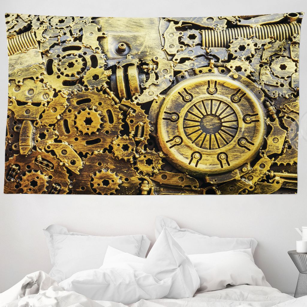 ABAKUHAUS Steampunk Wandteppich, Vintage Machinery aus Weiches Mikrofaser Stoff Waschbar ohne Verblassen Digitaldruck, 230 x 140 cm, Gelb Grau Dunk...