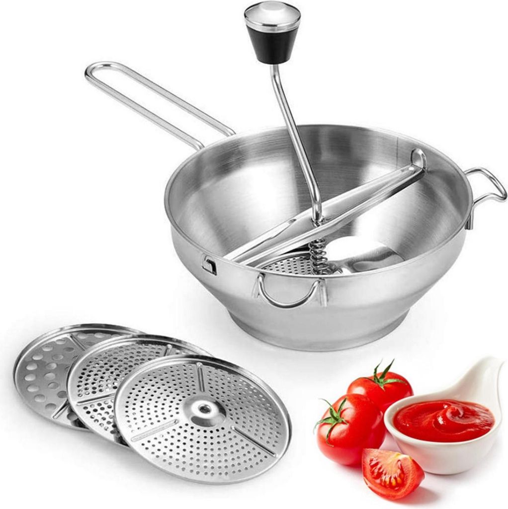 Edelstahl Passiermühle, Passiergerät mit 3 Passiersieb, Beerenpresse für Suppe, Marmelade und Baby Brei Saucen, 33 × 20 × 19 cm
