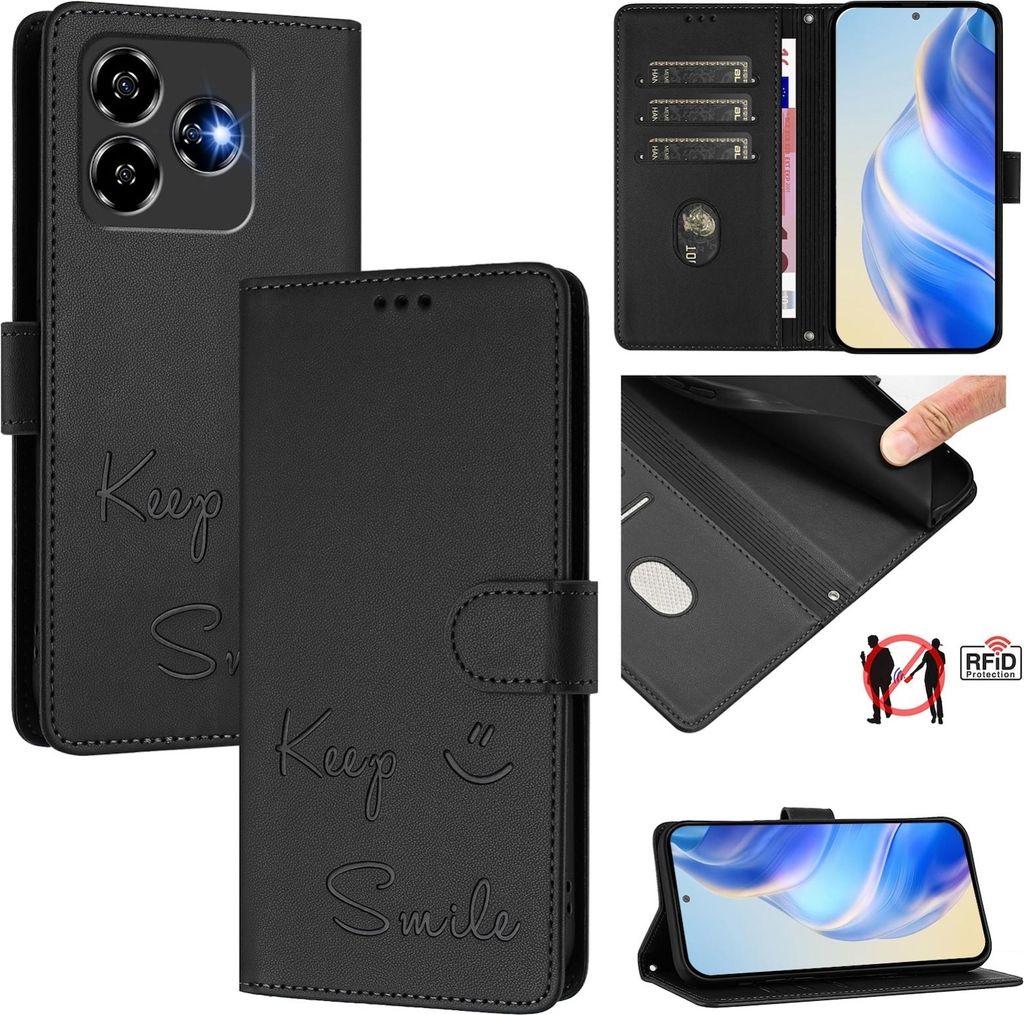 Für ZTE Blade V60 Vita / Axon 60 Lite Keep Smile Kunst Leder RFID Schutz Handyhülle Schwarz