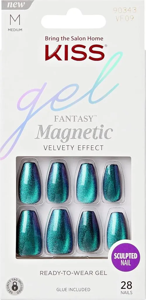KISS Gel Fantasy, unghie a pressione con colla per unghie, 'Chameleon', blu, forma a bara di media lunghezza, contiene 28 unghie, 2 g di colla, 1 stick per manicure,