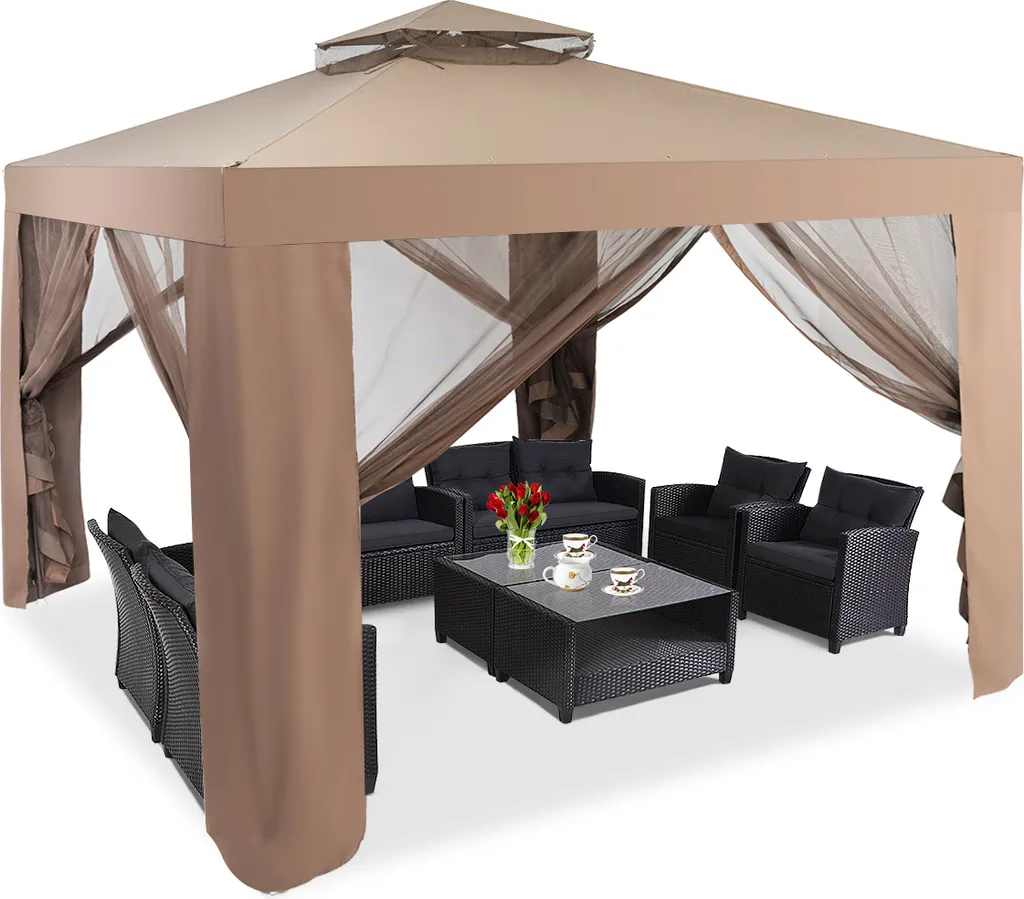 Tenda da giardino a padiglione COSTWAY con 4 pareti laterali, zanzariera e cerniera, tenda da festa a padiglione con protezione solare 300x300x265cm caffè