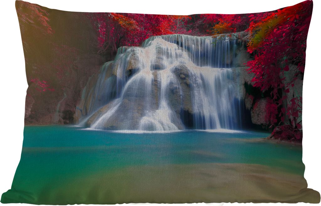 MuchoWow Outdoor Kissen - Wasserfall - Bäume - Rot - Landschaft - Natur - 60x40 cm - Wetterfest - Lounge Kissen - Zierkissen - Kissen für Innen...