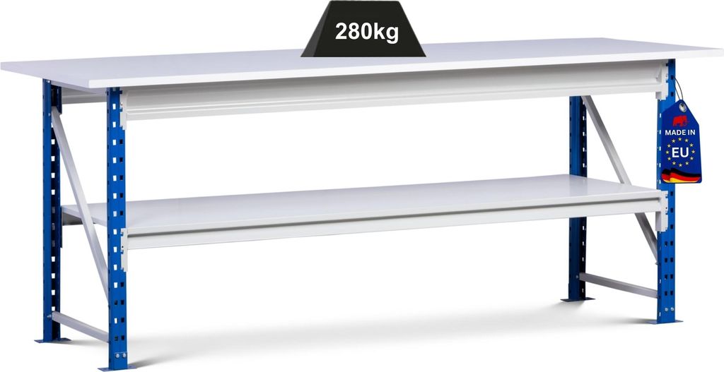 Werkbank MAXIMUS PRO mit 22mm-Melaminplatte & Ablageboden | HxBxT 102x120x80cm | Traglast 280kg | Signalblau/Lichtgrau