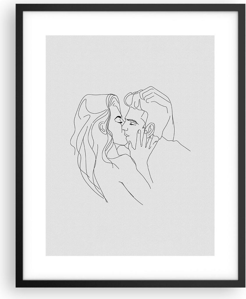 Gerahmtes Poster - Schwarzer Rahmen - Kuss Paar Skizze - 40x50 cm - Wand Bild - Wanddeko - Wandbilder - Kunstposter - Wandposter - Bilderrahmen - B...