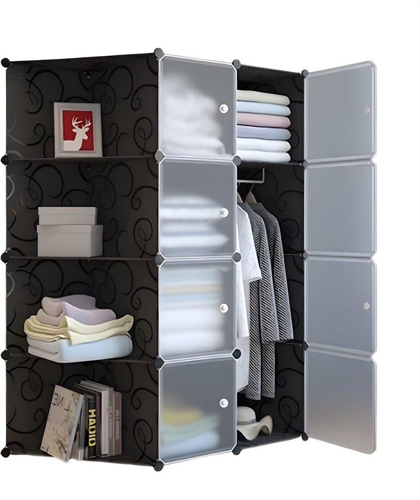 Modularer Kleiderschrank 12 Fächer 111x47x147 cm – DIY Stecksystem Aufbewahrungsschrank – Stofffreier Kunststoff Kleiderschrank Schwarz