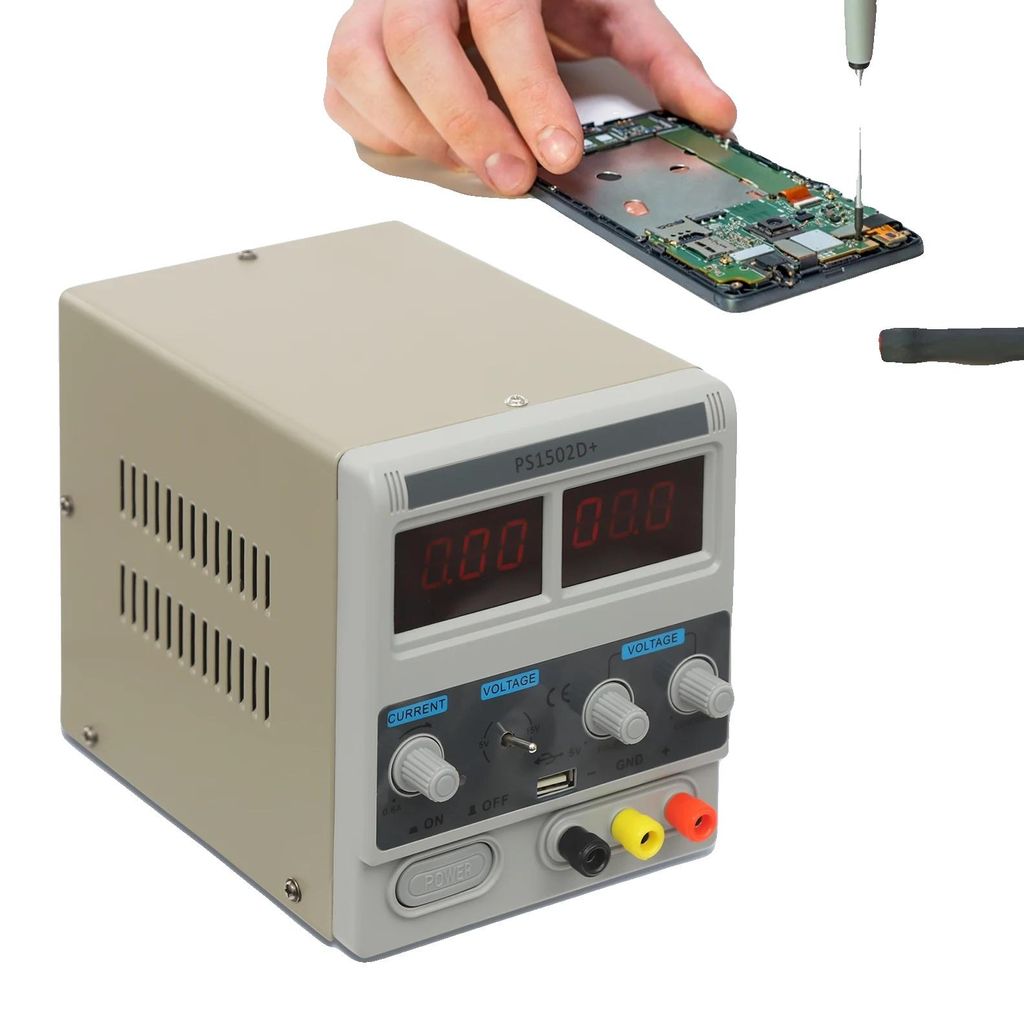 Gleichstromversorgung, Spannungsbereich 0-15V, Strombereich 0,6-2A, Nennleistung 50W, LED-Anzeigetyp, Abmessungen 6,77 x 4,96 x 5,98 Zoll