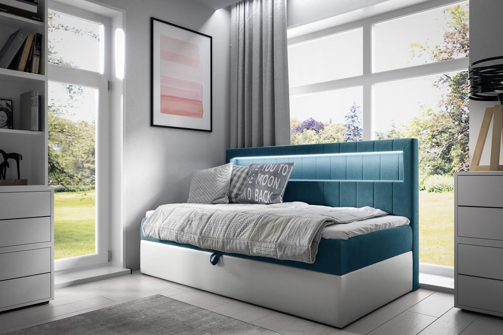 Einzelbett 90x200 KISHA 2 – blau/weiß, Öffnung rechts + GRATIS Matratzenauflage