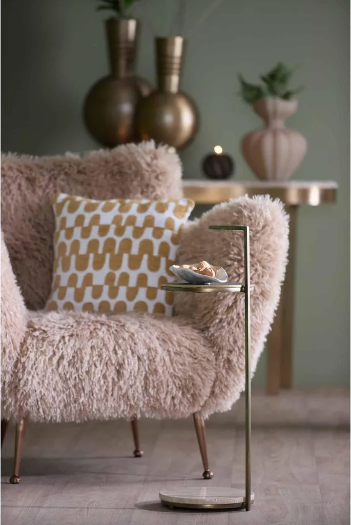 Table de bout de canapé LEDA travertin et bronze - Support déco 76 cm - 2