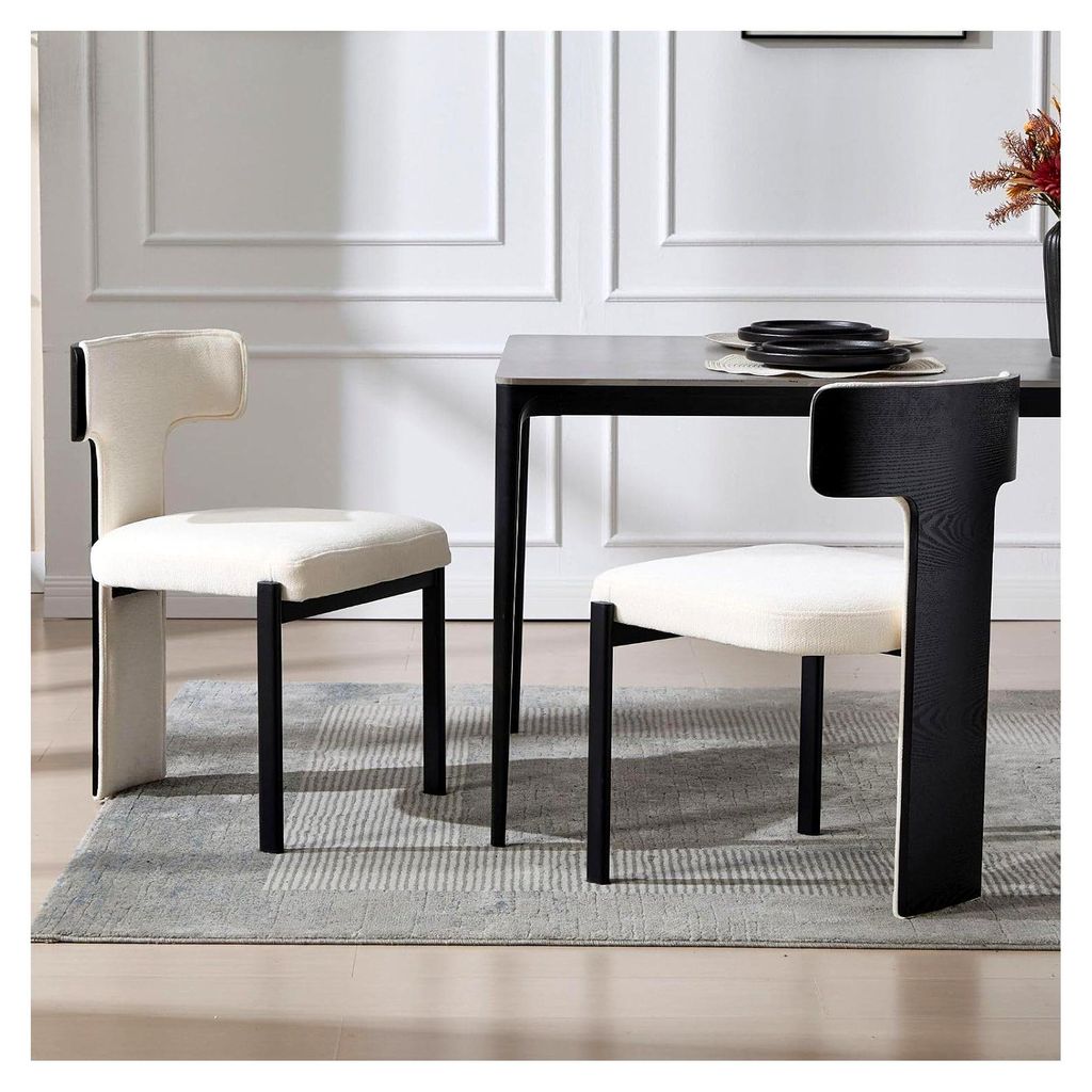 Esszimmerstühle 2er Set mit geschwungener Holzrückenlehne, Polsterstuhl mit Metallbeinen für Esszimmer/Wohnzimmer, Chenille, Weiß