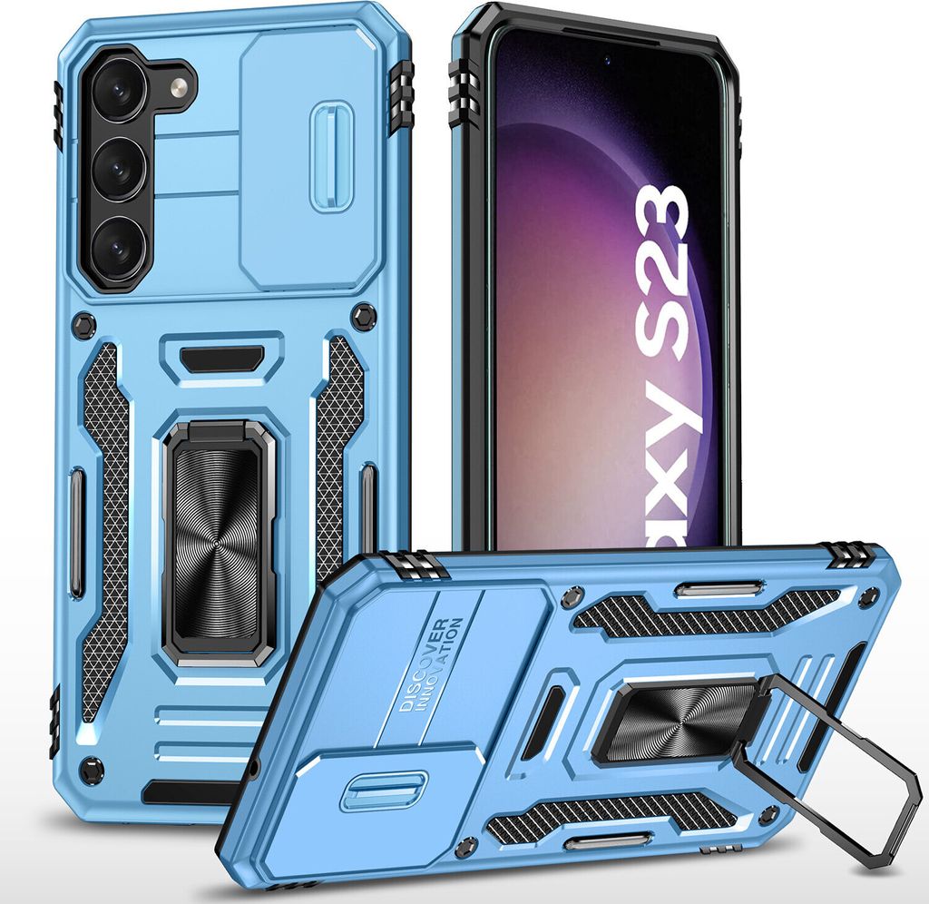 Galaxy S23 Hülle, Schiebe Kamera Schutz und Ringhalter Ständer Dual Layer Stoßfest Schutzhülle für Samsung Galaxy S23