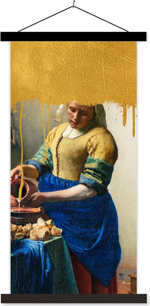 MuchoWow Textilposter Milchmädchen - Gold - Alte Meister 40x80 cm mit schwarzem Rahmen - Wandemalerei