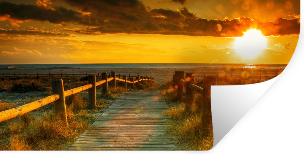 MuchoWow Wandtattoo Wandsticker Wandaufkleber Sonne - Strand - Düne - Horizont - Gras - Weg - Orange 160x80 cm Selbstklebend und Repositionierba...