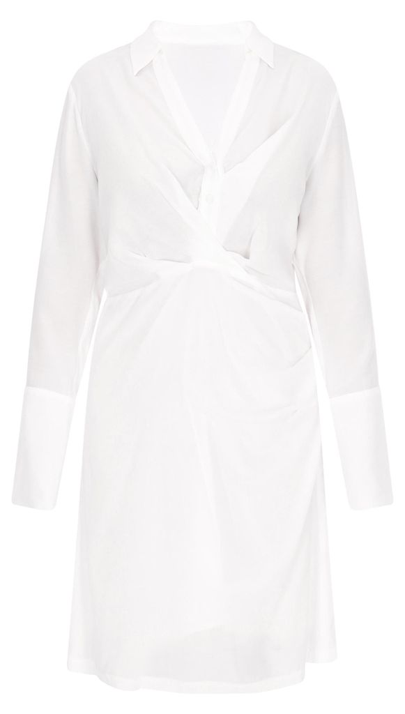 Damen Kleid Weiß Größe M mit langen Ärmeln, regulärer Passform, V-Ausschnitt und klassischem Kragen