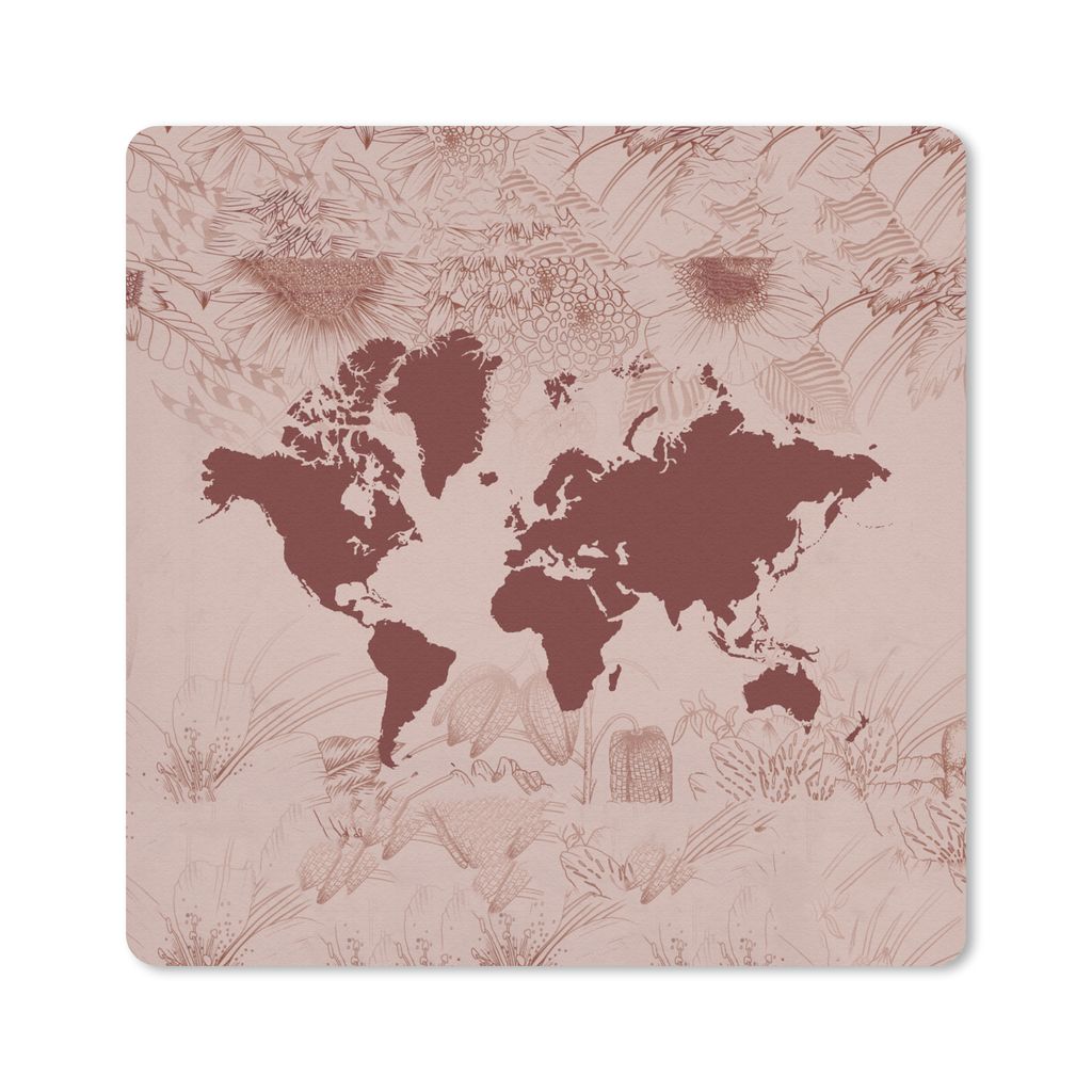 MuchoWow Mauspad Mousepad Weltkarte - Rot - Pflanzen 20x20 cm - Mousepads - Maus Mat - Pad - Mausunterlage - Desk Mat - Bureauartikeln