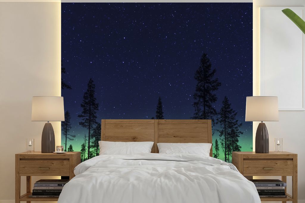 MuchoWow Fototapete für Wohnzimmer oder Schlafzimmer Wandtapete Vinyl Motivtapete Nordlicht - Schnee - Bäume - Natur - Grün - 220x220 cm - Tap...
