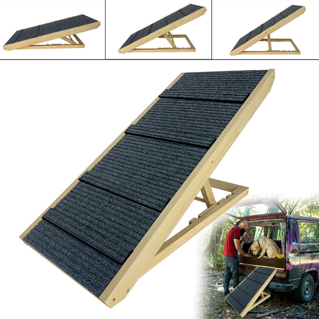 UISEBRT Haustiertreppe Klappbar Hundetreppe Hunderampe Hundeleiter Holz Höhenverstellbar mit Rutschfestem Teppich Max 100kg