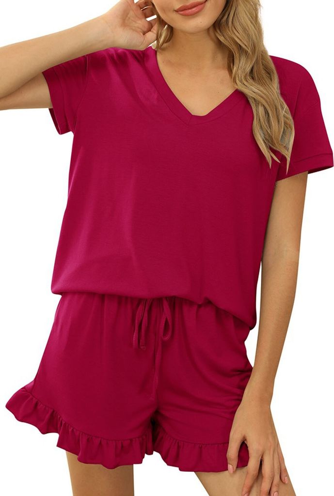 ASKSA Schlafanzug Damen Kurz Pyjama Set V-Ausschnitt Rüschen Shorts Sommer Sleepwear Zweiteilige, Rot, L
