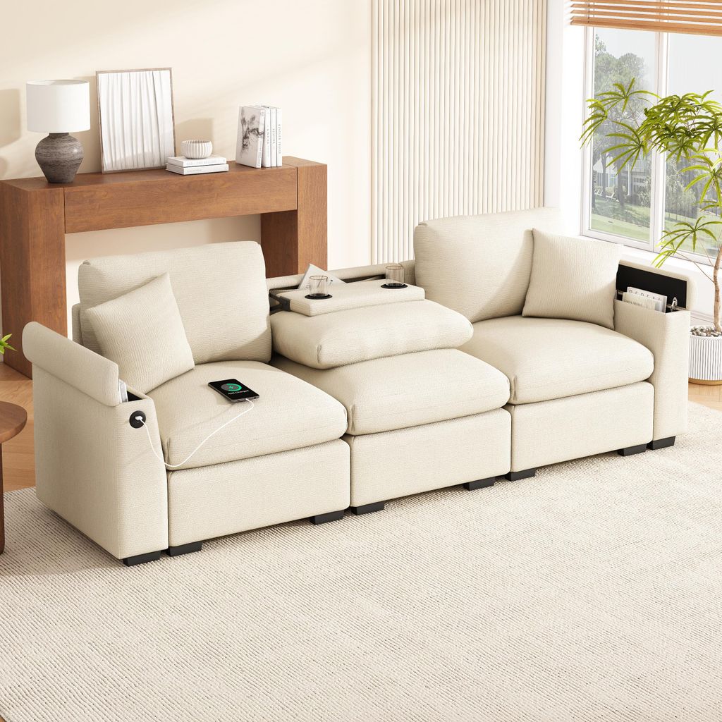 Merax 3-Sitzer Sofa, Multifunktionales Chenille Couch mit Klapptisch, USB-Anschluss, Kissen, Getränkehalter, Versteck-Stauraum, Polstersofa, Beige