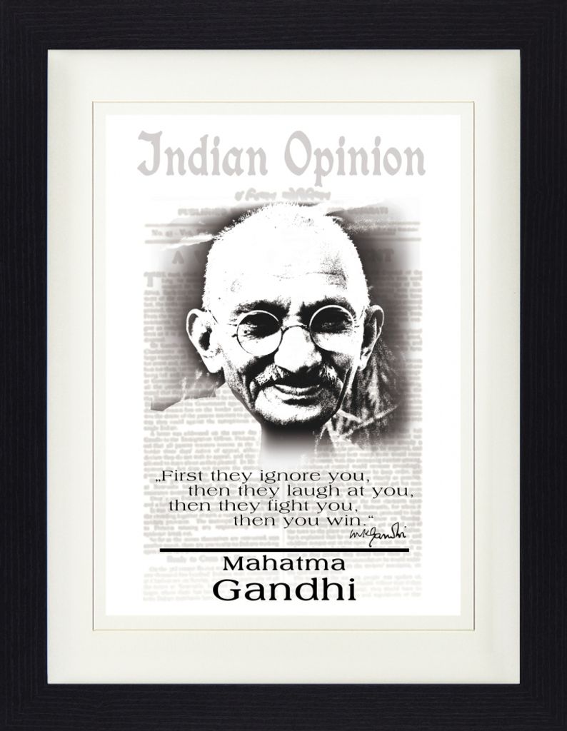 Mahatma Gandhi Gerahmtes Bild Mit Edlem Passepartout | Wand-Bilder | Im Bilderrahmen - Indian Opinion, Zuerst Ignorieren Sie Dich S/W (40 x 30 cm)