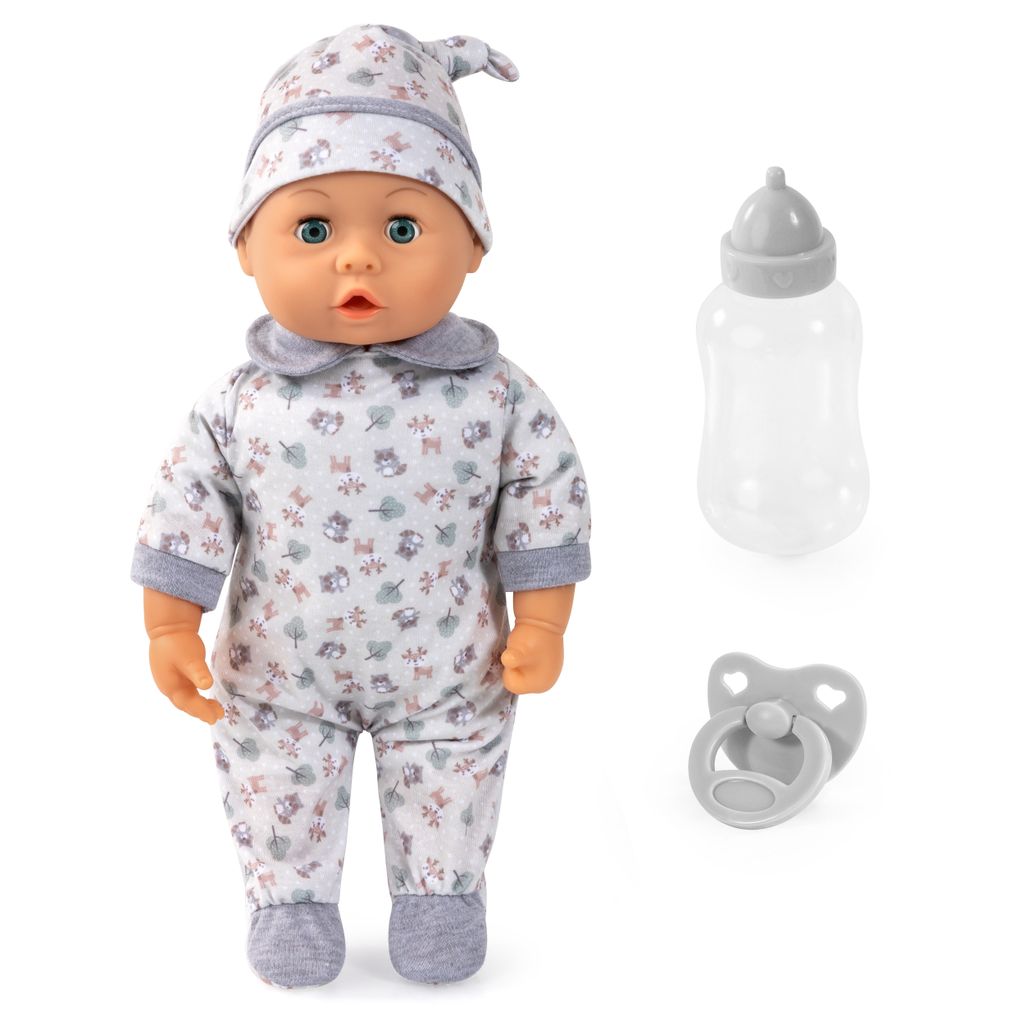 Bayer Design 93824CP Babypuppe interaktiv, Spielpuppe sprechend, weicher Körper, Schnuller, Flasche, 38 cm