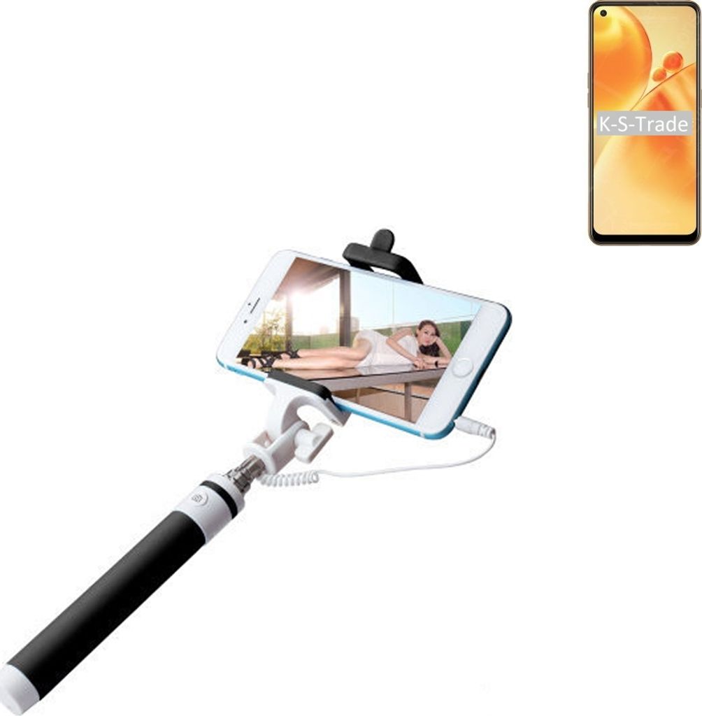K-S-Trade Selfie Stick kompatibel mit Oppo F19s Selfiestick kabelgebunden Monopod mit Kabel Stab Stange Selfportrait Handheldstick schwarz 1x