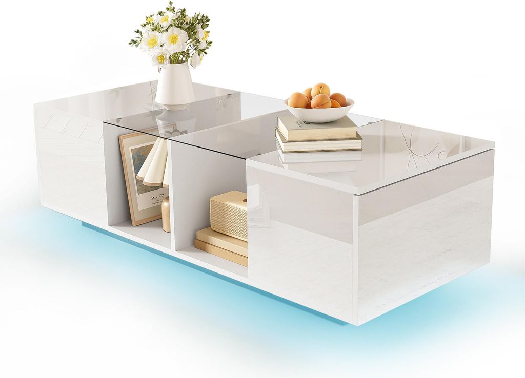 Sweiko Moderner weißer Couchtisch mit LED-Beleuchtung, hochglänzender Tischplatte, 120 x 50 x 38,5 cm