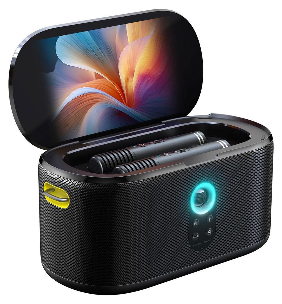 A portable wireless karaoke machine with two microphones and a screen.