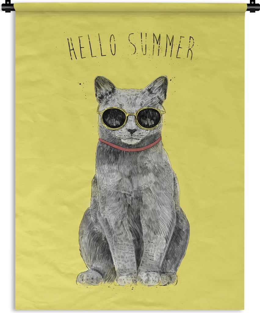 MuchoWow Wandteppich Wandbehang Hallo Sommer - Katze - Brille - Gelb 150x200 cm Tapisserie Dekoration Wandtuch - Wandaufhängung - Moderner