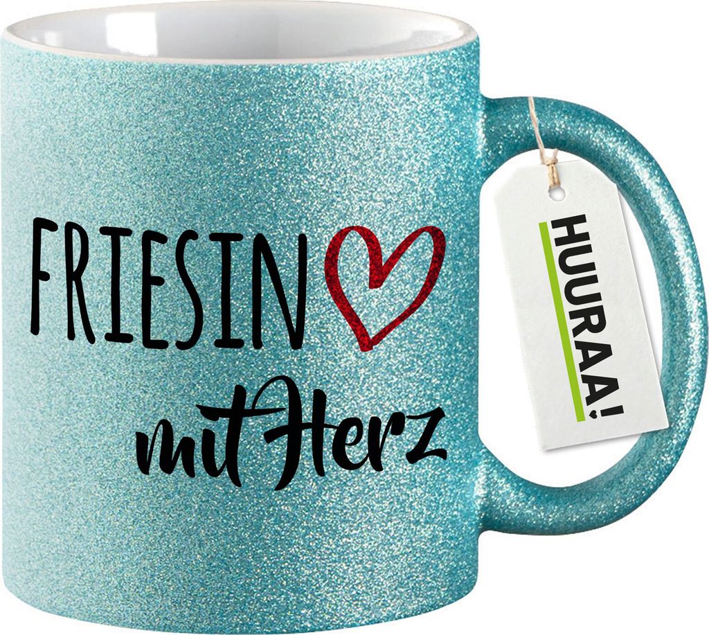 Huuraa Glitzertasse Friesin mit Herz 330ml Blau Keramik Kaffeebecher Geschenkidee