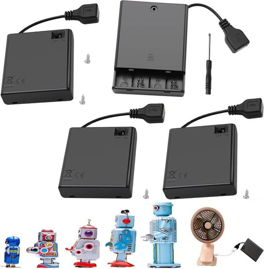 4x 1.5V AA Batteriefach mit Schalter und Abdeckung 6V Batteriehalter Kunststoffgehäuse mit USB Buchse Ein/Aus Schalter Batterie Organizer Set mit ...