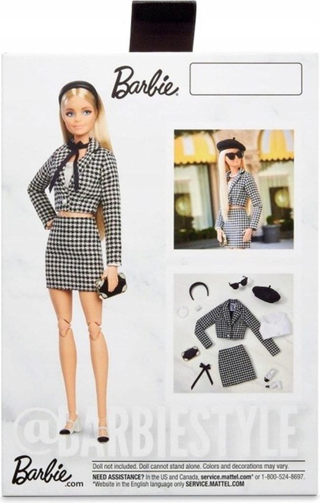 Barbie doll in a black and white checkered outfit, with accessories and a lifestyle image of the doll.