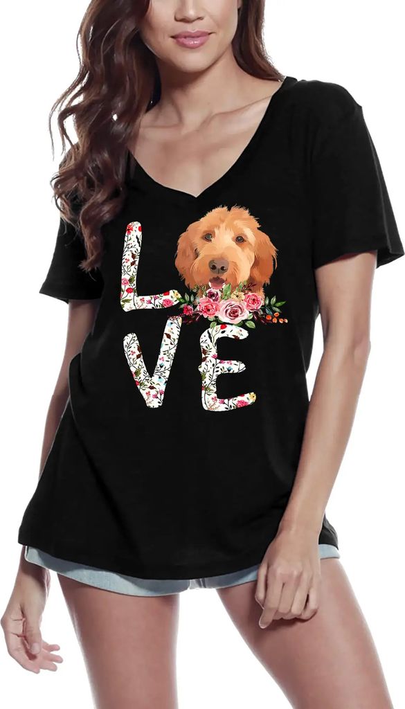 Damen Grafik T-Shirt V-Ausschnitt Liebe flauschige Hunde - Blume Hundeshirt - Tierfreunde – Love Fluffy Dogs - Flower Dog Shirt - Pet Lovers