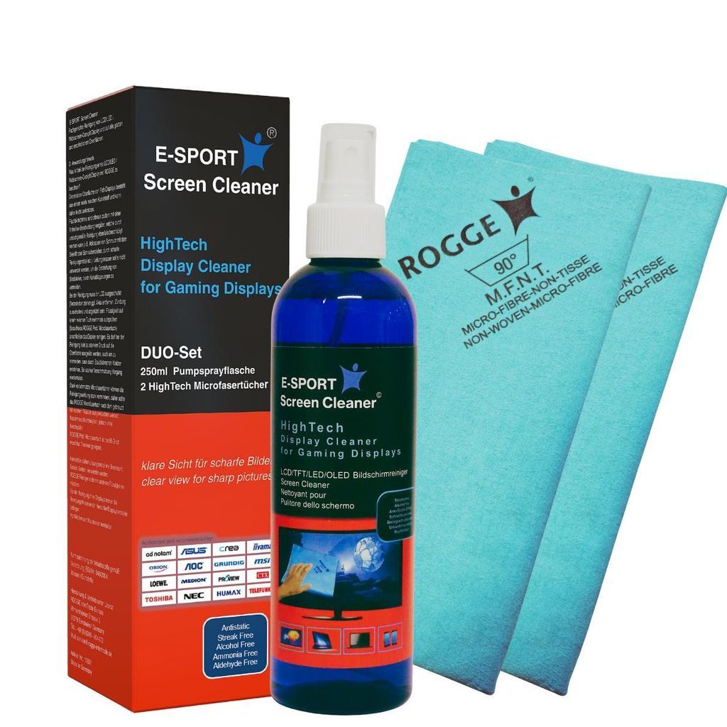 E-SPORT Screen Cleaner 250ml inkl. 2x Prof. Microfasertücher 38x40cm. LCD-TFT-LED-OLED-Plasma Bildschirmreiniger