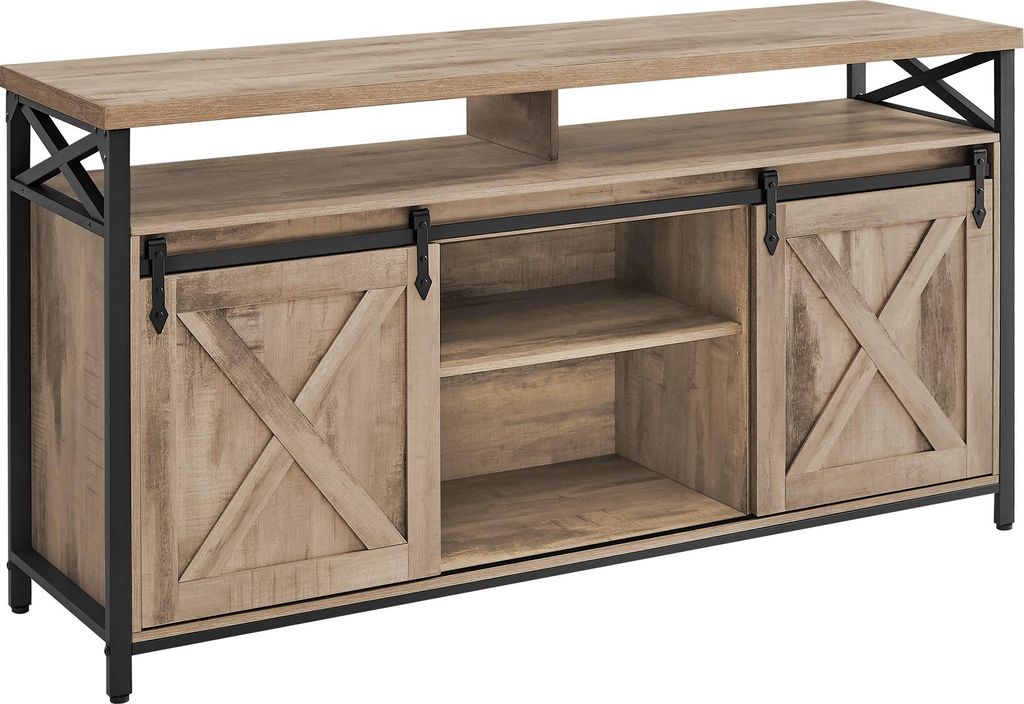 VASAGLE TV-Schrank, Lowboard für Fernseher bis zu 65 Zoll, mit verstellbaren Ablagen, rustikale Tür, Landhausstil, Metallgestell