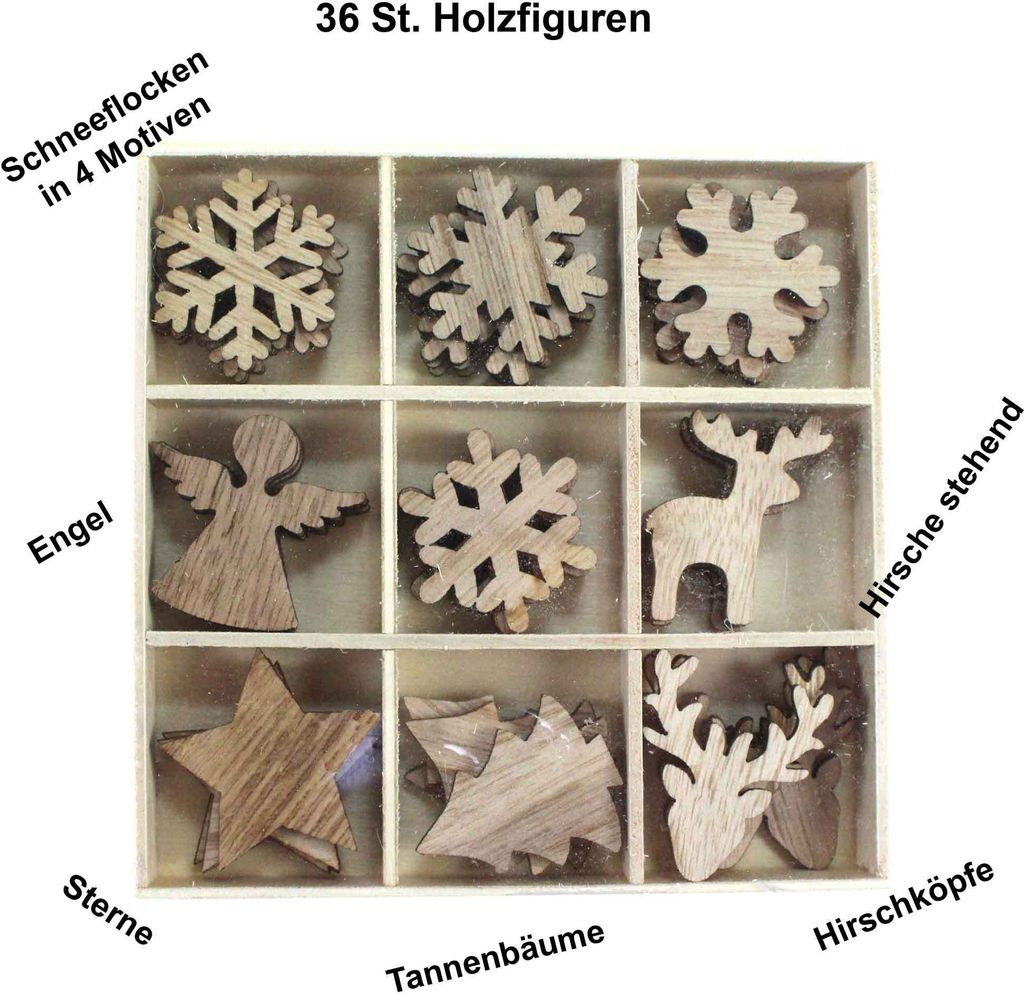 36 Holz Streuteile Engel Schneeflocke Hirsch Baum Stern Winter Weihnachten Deko