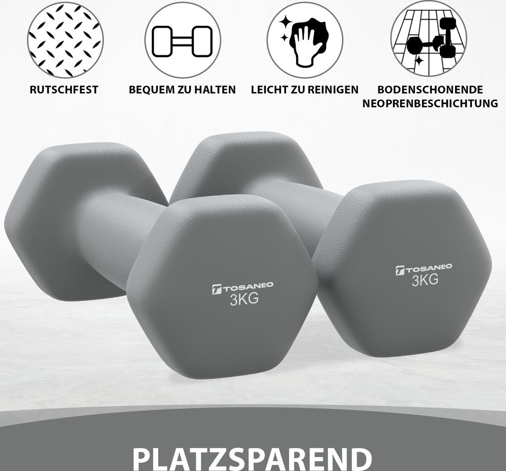 TOSANEO 2er Set Hanteln 2x 3,0kg Grau Neopren Kurzhanteln Produktbild 4