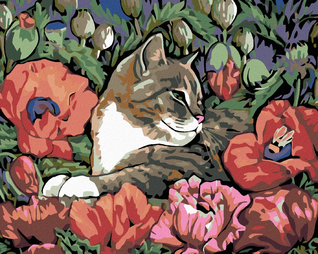 Zuty - Pittura con diamanti - GATTINO E PAPAVERO, 40x50 cm, senza cornice e senza tela