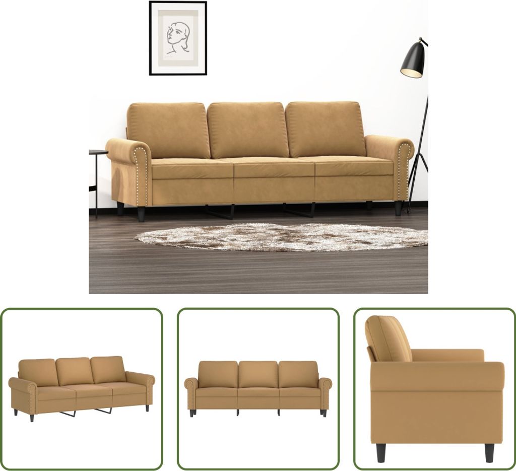 The Living Store 3-Sitzer-Sofa Braun 180 cm Samt