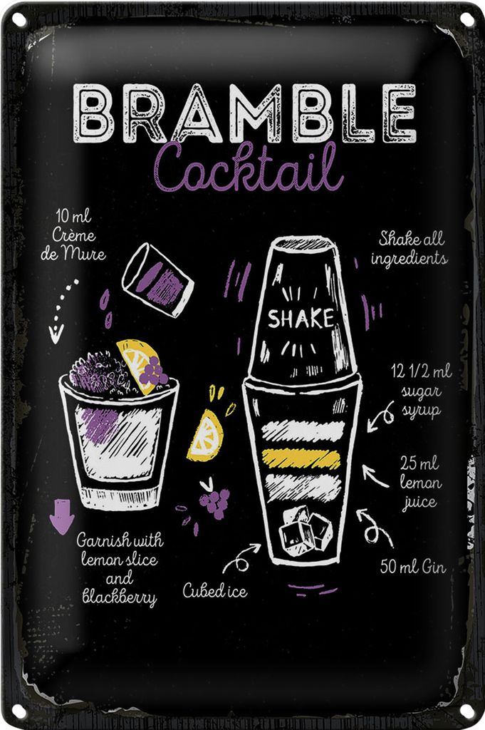 Blechschild Rezept Bramble Cocktail Recipe 18x12cm