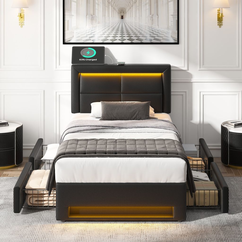 Flieks Polsterbett 90x190cm mit USB, Stauraumbett Einzelbett mit Lattenrost und 4 Schubladen, Jugendbett mit LED, Holzbett Funktionsbett, PU, Schwarz