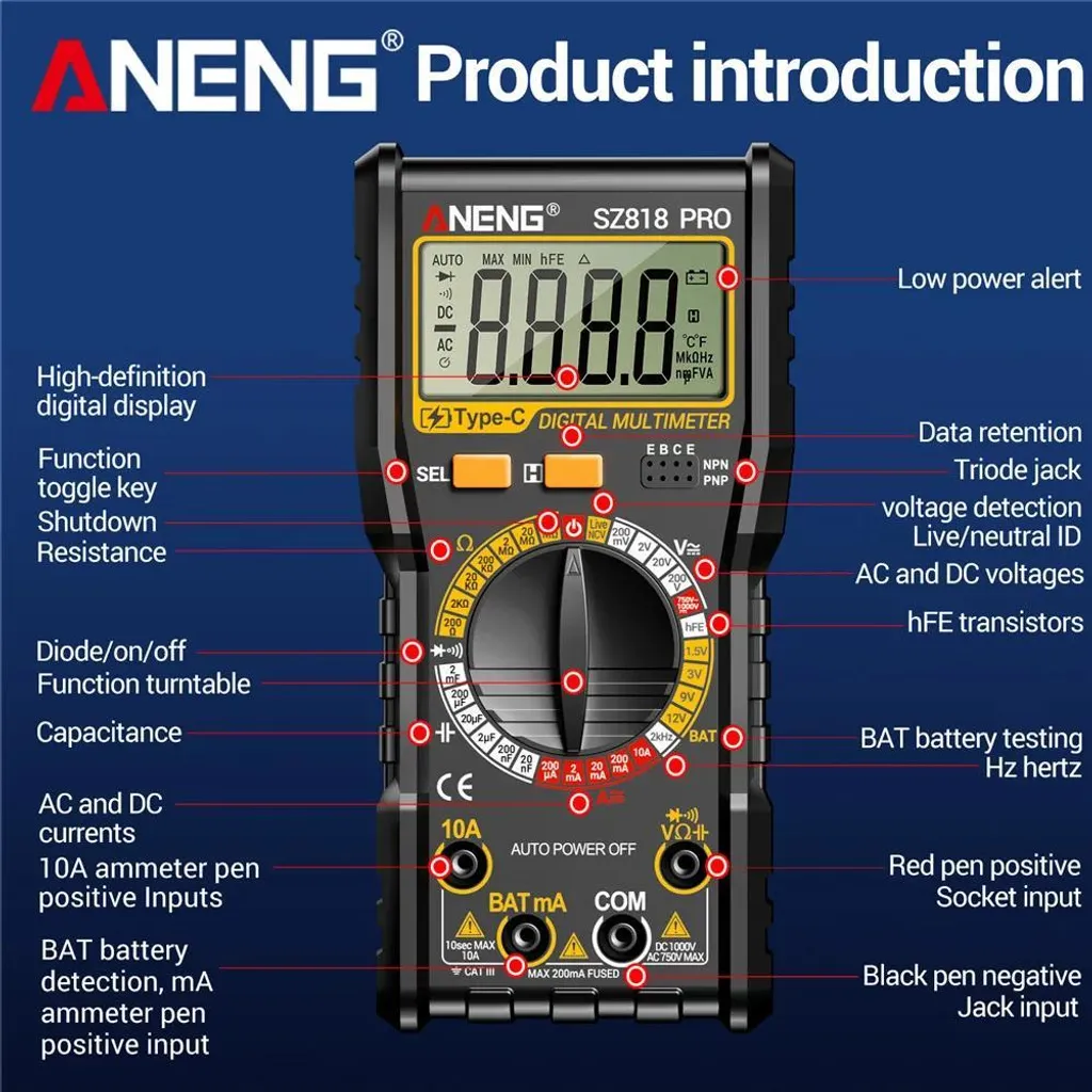 Multimètre numérique LCD 1000V CC 750V CA avec test de transistor hFE